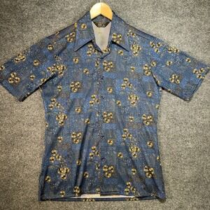 JCPenney Pennies Tapered No Iron Shirt Mens Large Blue Geometric Floral 70s USA